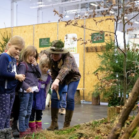 Kinder schauen sich etwas auf dem Naturlehrpfad an