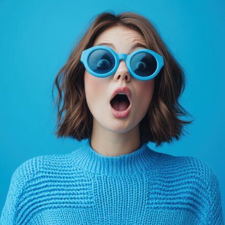 Überraschte Frau mit blauer Sonnenbrille
